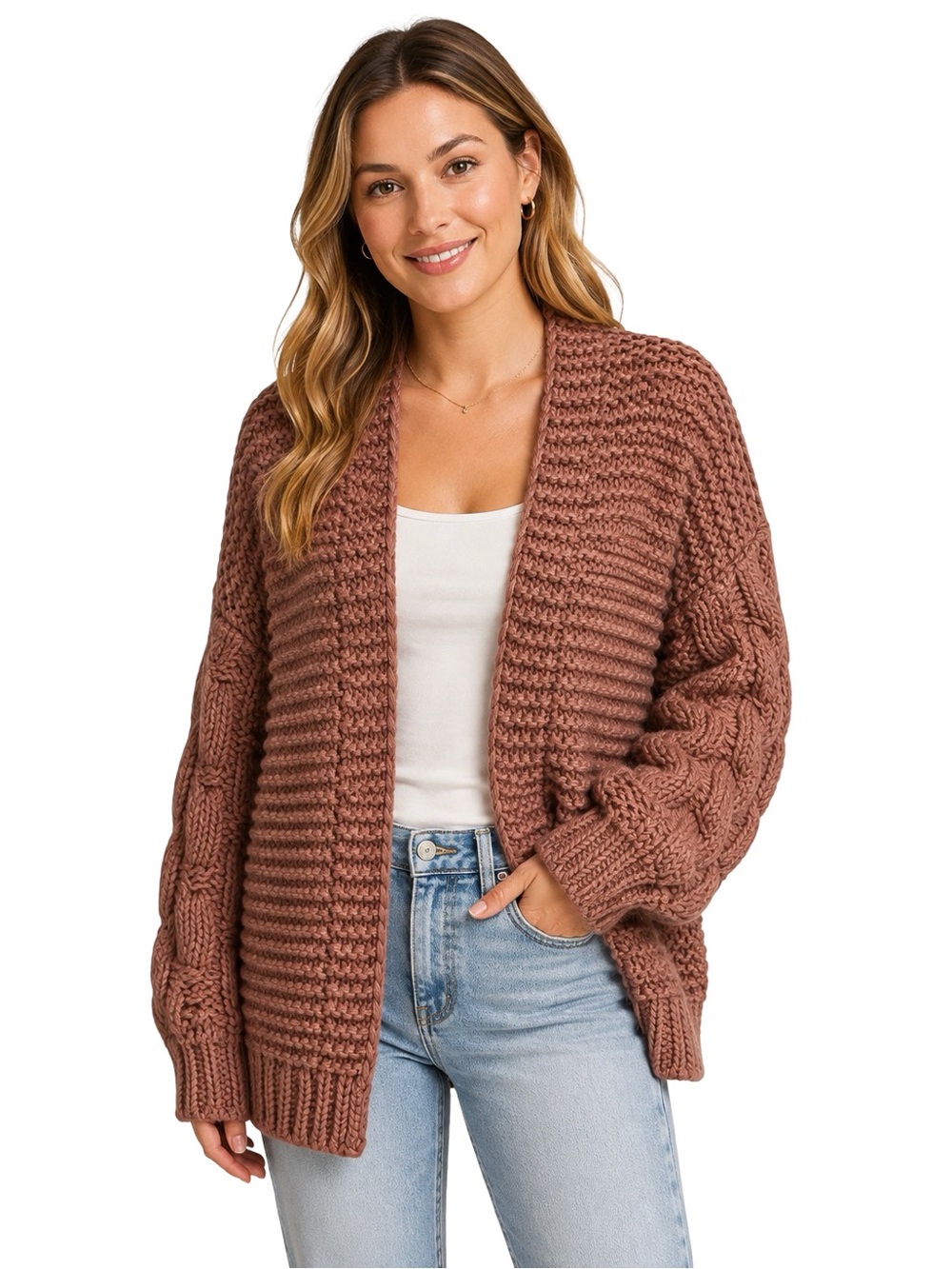 Entro Presley Mauve Puff Sleeve Chunky Knit Cardigan Size Small Wool Blend